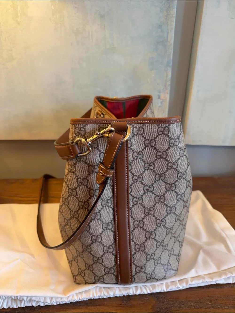 Gucci Beige GG Supreme Canvas Shoulder Bag with Brown Leather Trim